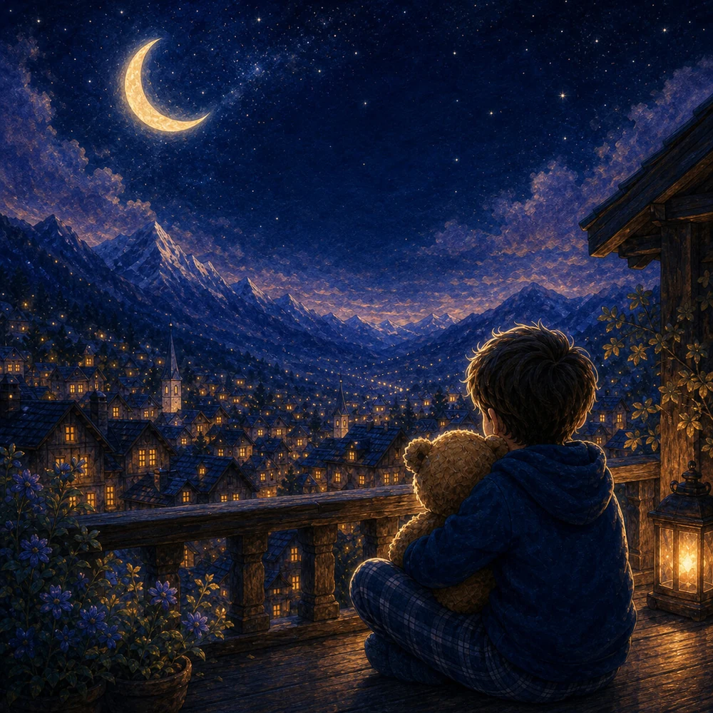 A storybook child and teddy look over a moonlit village.