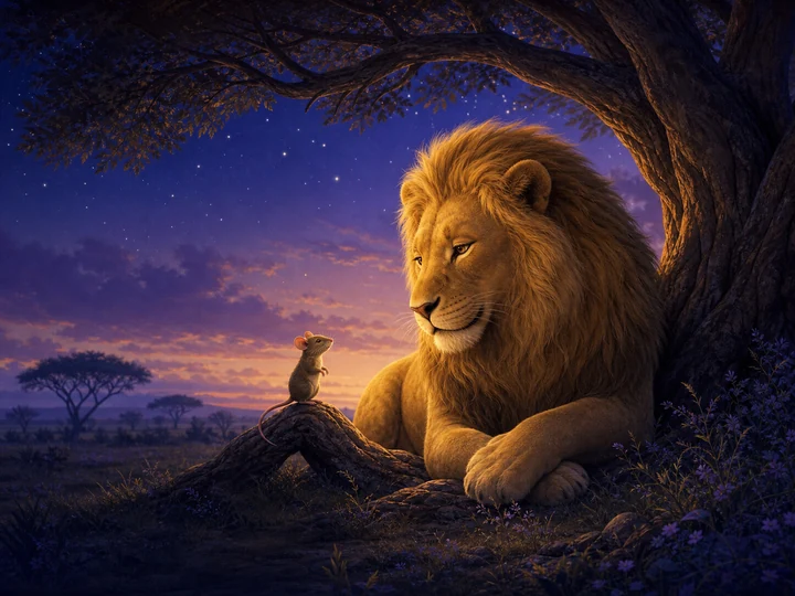 A lion and a tiny mouse beneath a tree at dusk.