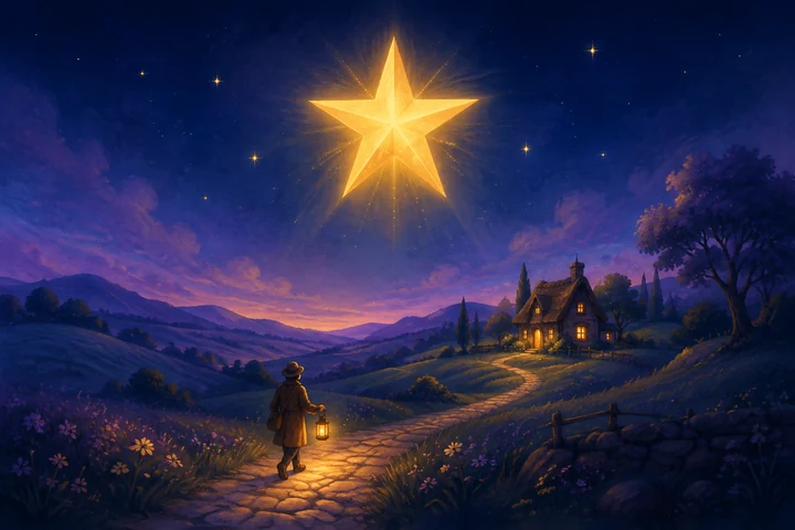 A star above a traveler walking toward a cottage.