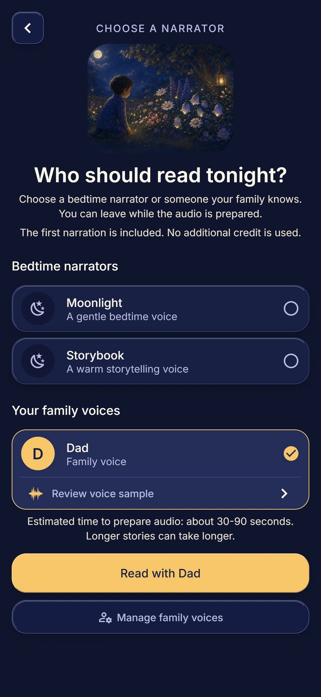 Actual app example showing studio narrators and the fictional family voice Dad.