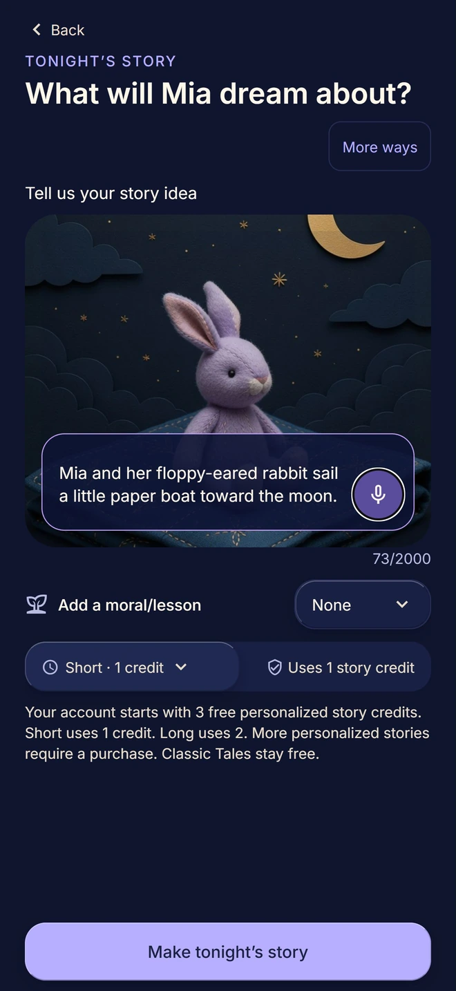 Actual app example with a story idea about Mia and a rabbit sailing toward the moon.
